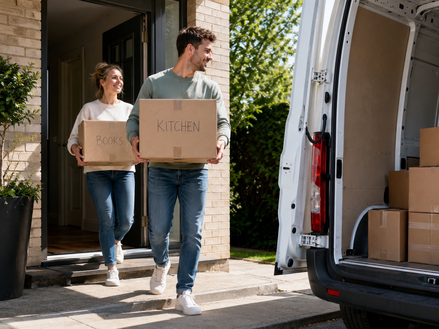 Labeled kraft moving boxes being carried out to a plain cargo van